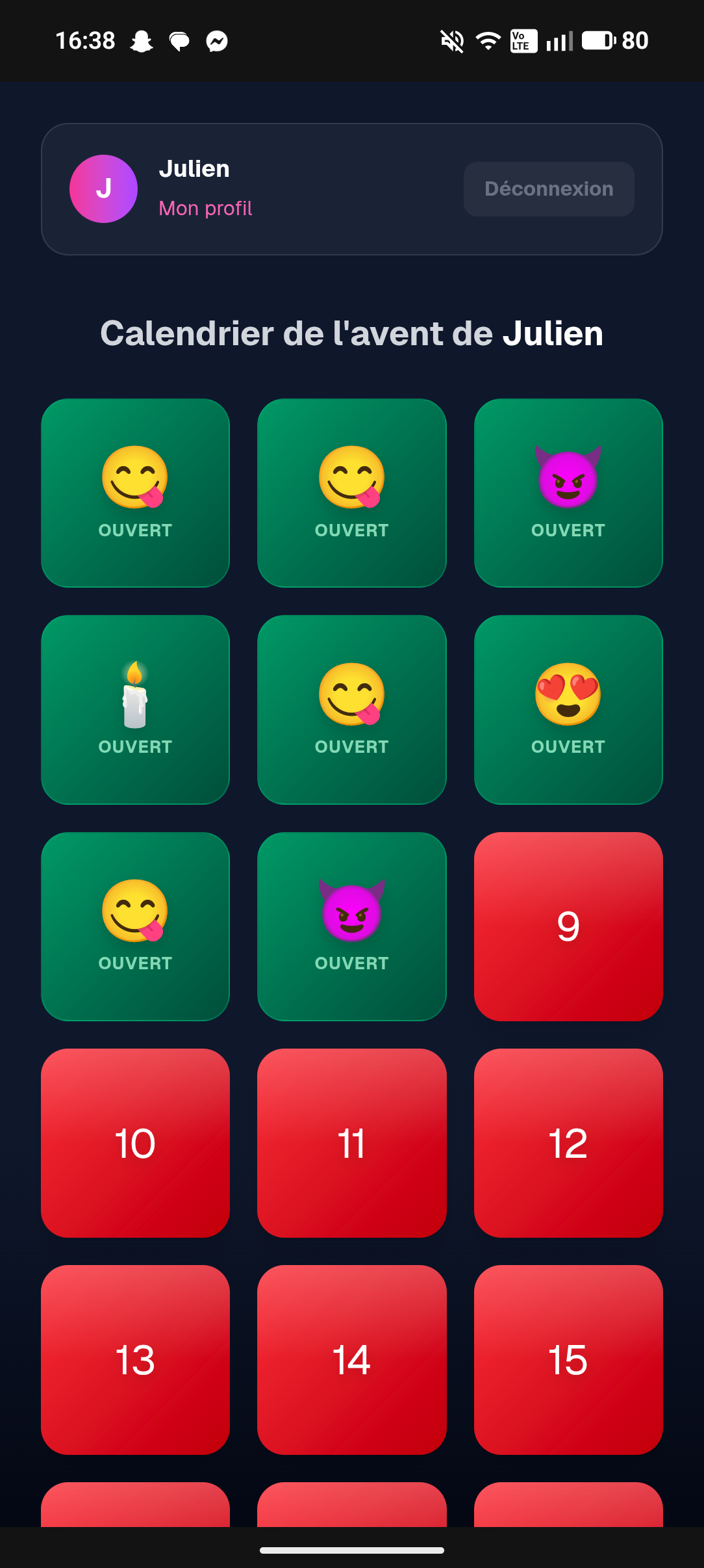 Interface de l'application Calendrier du Bonheur